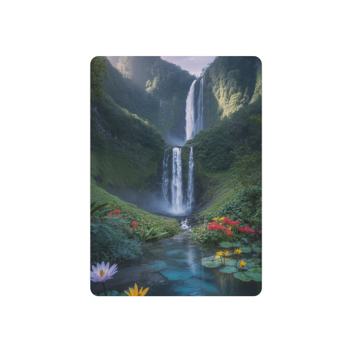 Dreamlike Cascades Above a Tranquil Lily Pond