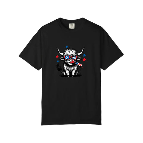 Comfort Colors® Patriotic Highland Cow With Firecracker Tee