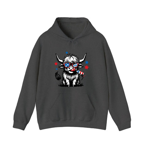 Patriotic Highland Cow With Firecracker Hoodie