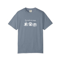 Comfort Colors® My Needs Are Simple Coffee Paws Books Tee — Blue Jean