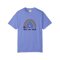 Comfort Colors® Teach Love Inspire Pencil Rainbow Tee — Flo Blue