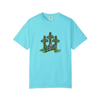 Comfort Colors® He Is Risen Floral Crosses Tee — Lagoon Blue