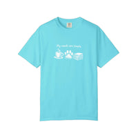 Comfort Colors® My Needs Are Simple Coffee Paws Books Tee — Lagoon Blue