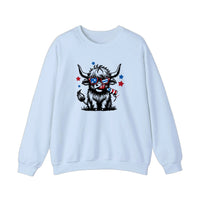 Patriotic Highland Cow With Firecracker Sweatshirt — Light Blue