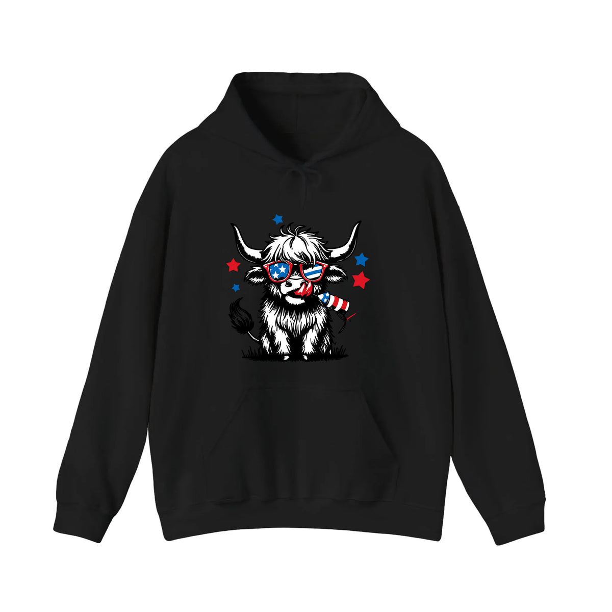 Patriotic Highland Cow With Firecracker Hoodie
