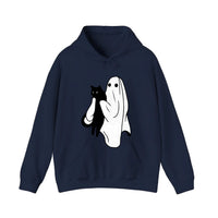 Ghost Holding A Black Cat Hoodie — Navy