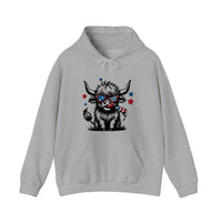 Patriotic Highland Cow With Firecracker Hoodie — Sport Grey
