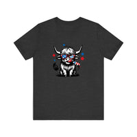 Patriotic Highland Cow With Firecracker Quality Tee — Dark Grey Heather