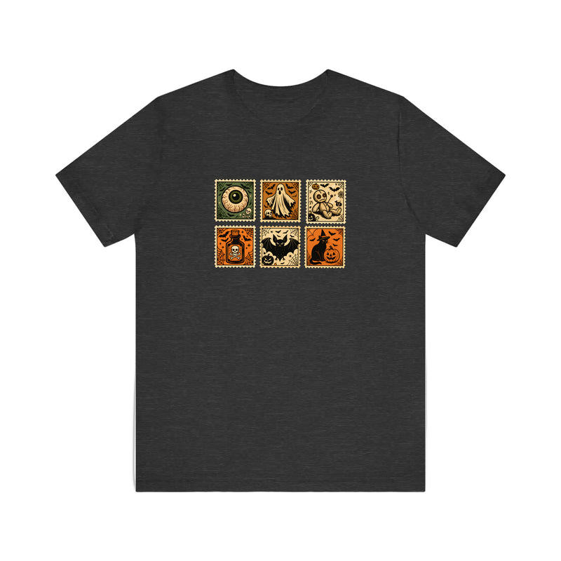 Vintage Halloween Postage Stamps Quality Tee — Dark Grey Heather