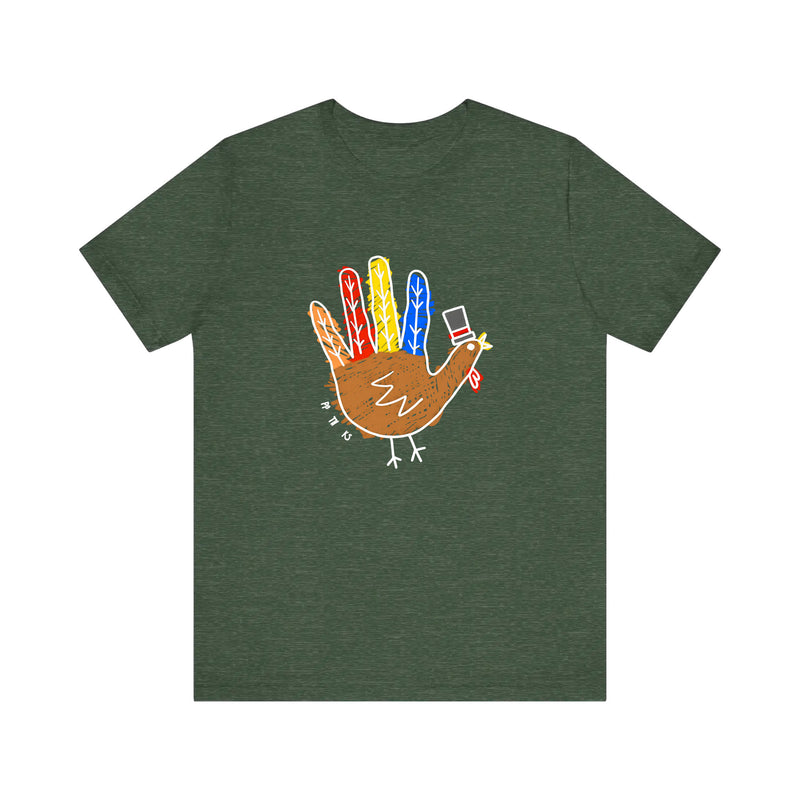 Hand Turkey In A Top Hat Quality Tee — Heather Forest