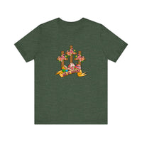 He Is Risen Floral Crosses Quality Tee — Heather Forest