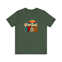 Vintage 1986 Retro Sunset Quality Tee — Heather Forest