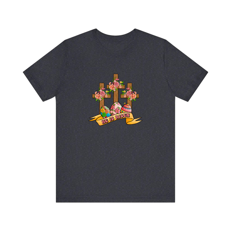 He Is Risen Floral Crosses Quality Tee — Heather Navy