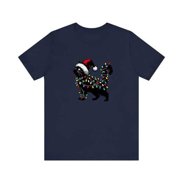 Black Cat Tangled In Christmas Lights Quality Tee