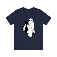 Ghost Holding A Black Cat Quality Tee — Navy