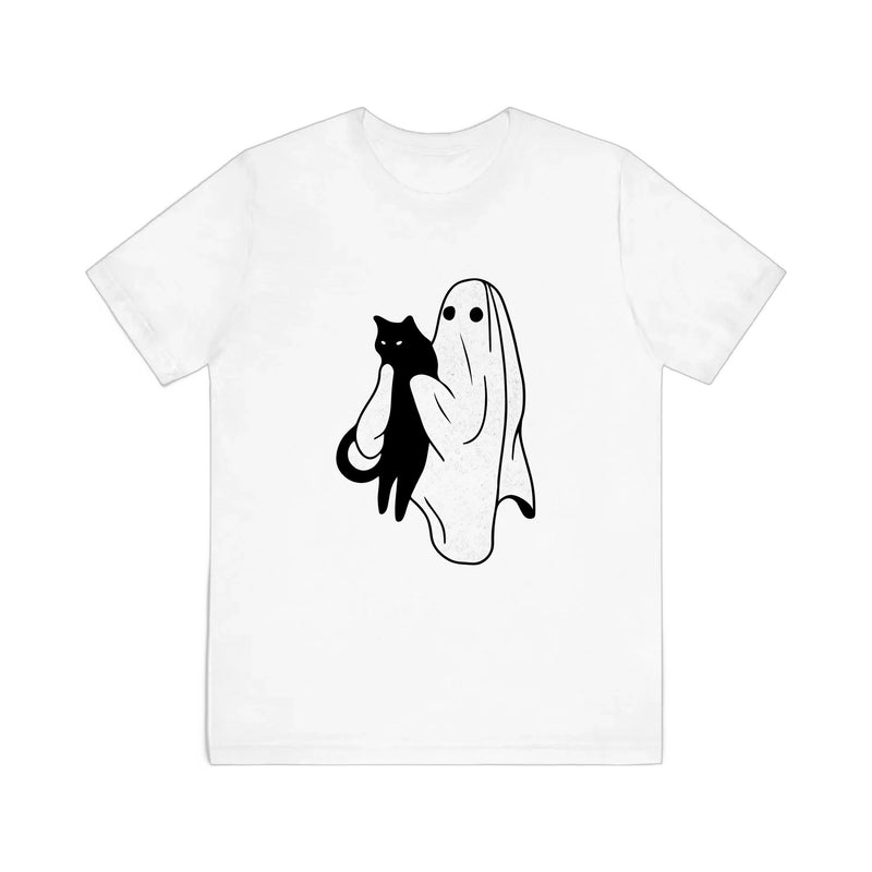Ghost Holding A Black Cat Quality Tee — White