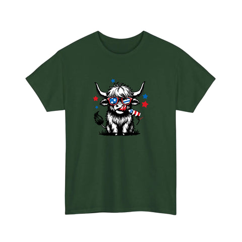 Patriotic Highland Cow With Firecracker Tee