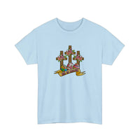 He Is Risen Floral Crosses Tee — Light Blue