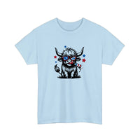 Patriotic Highland Cow With Firecracker Tee — Light Blue